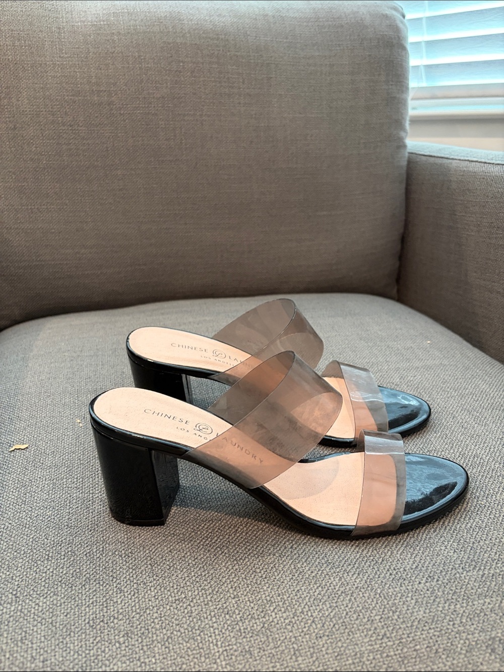 Chinese Laundry Transparent Strap Black Block Heel Mules